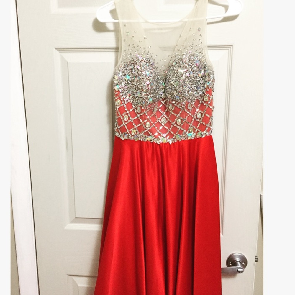 Long Red Satin Prom Dress w/ Crystals